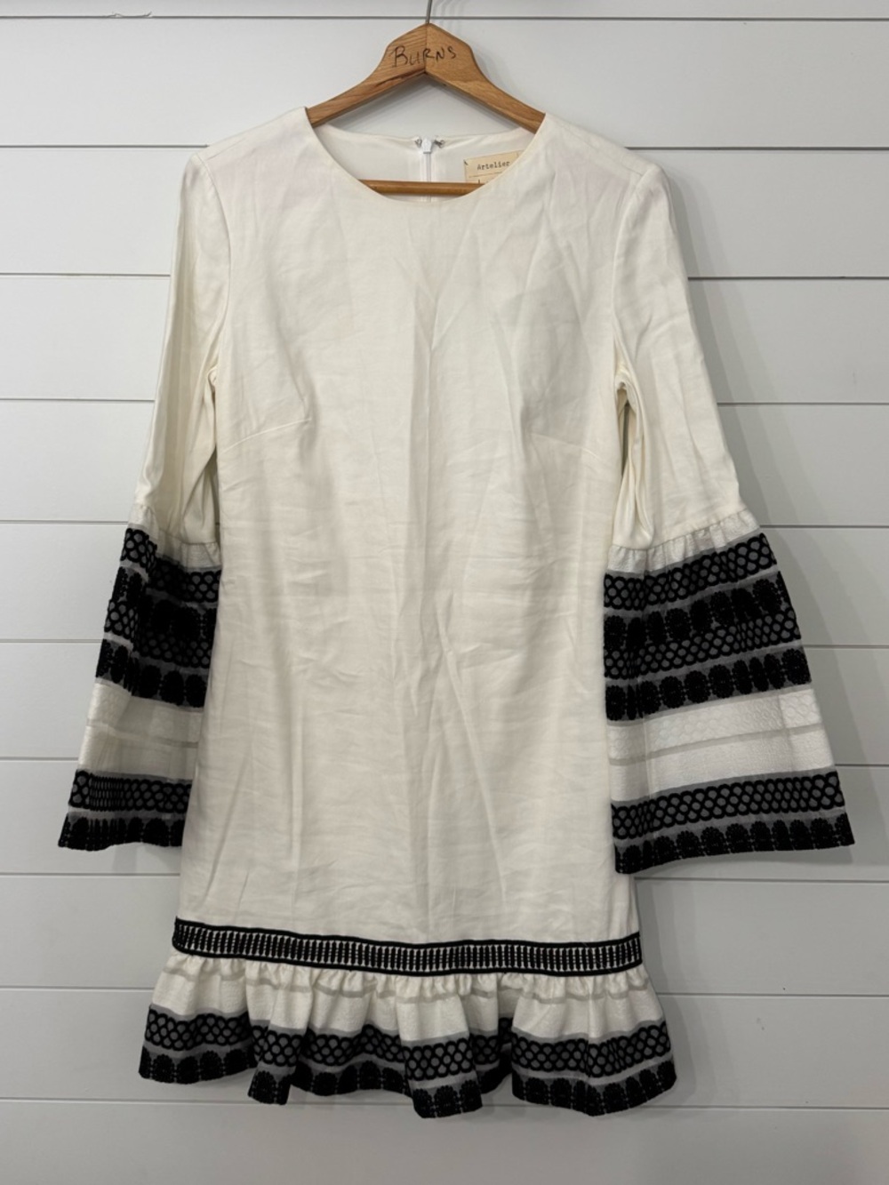 White Long-Sleeve Tunic Dress with Black Trim